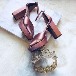 Glamorous rose satin high heels block cross strap